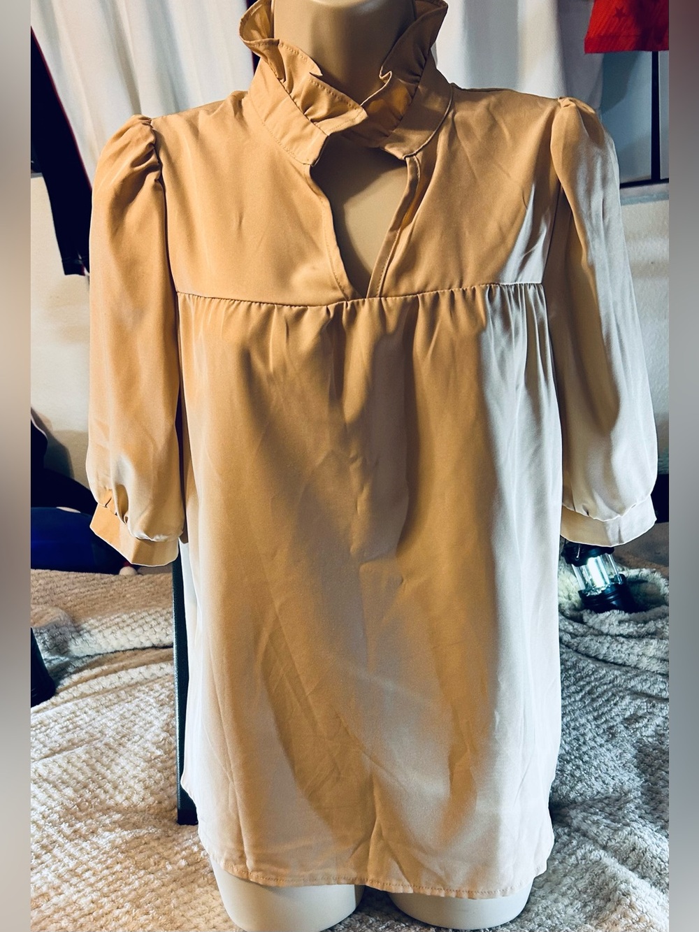 Vintage -Inspired, Champagne Satin Finish Ruffle Collar Blouse with 3/4 Sleeves.